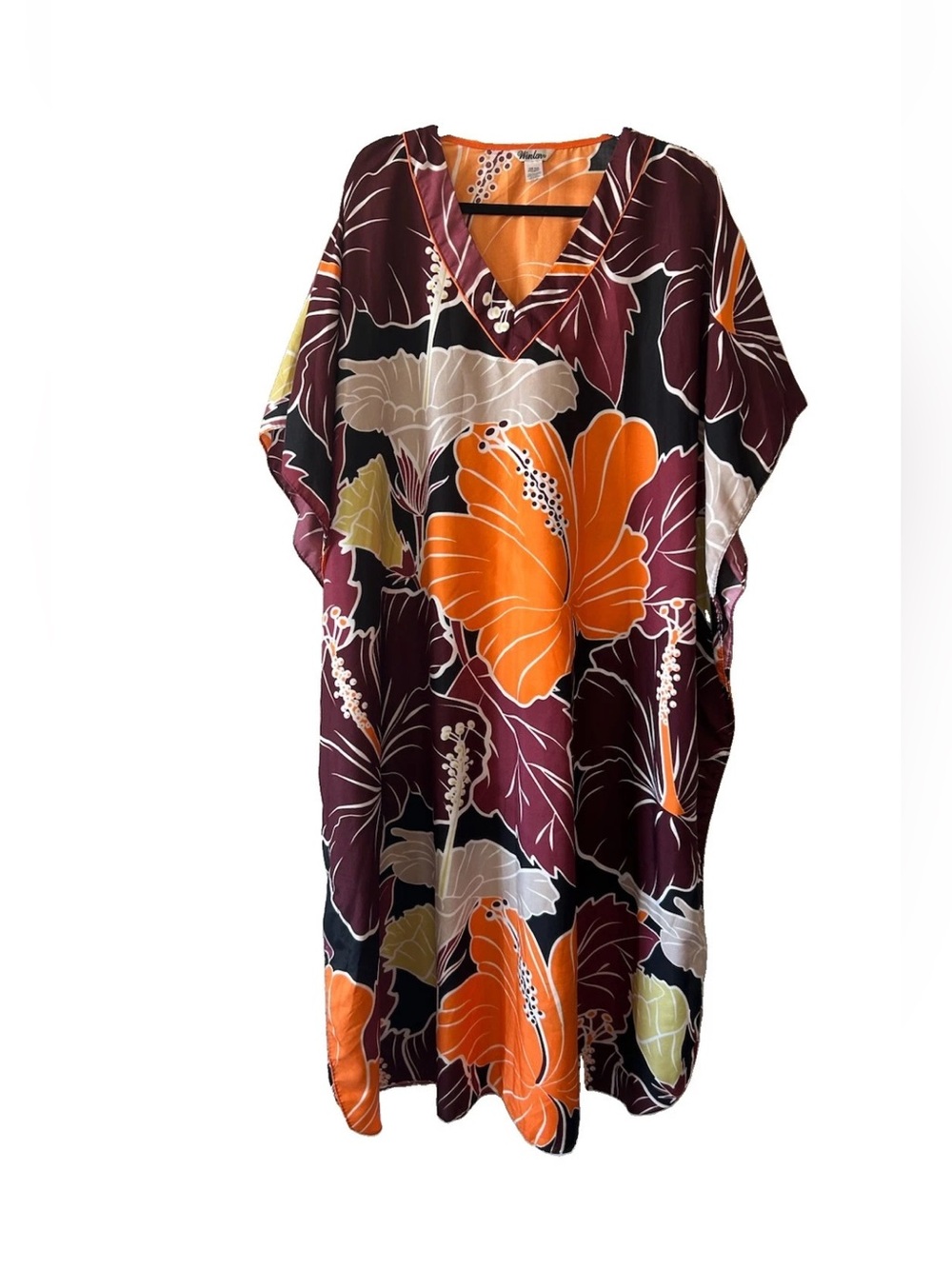 VTG Winlar 70s Print Floral Caftan Maxi Dress OS Muumuu Boho Tropical Resort